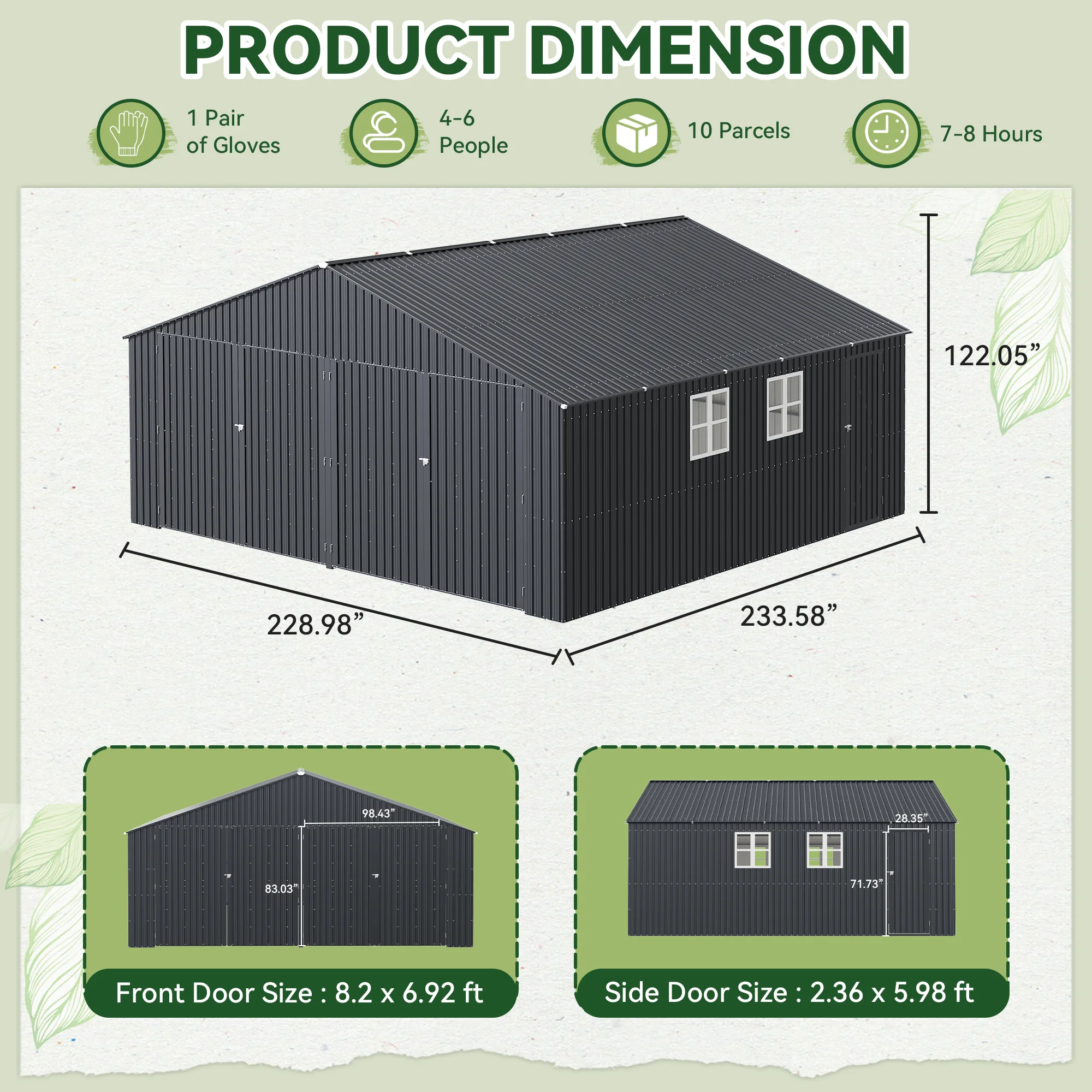 Polar Aurora 20x20 FT Outdoor Metal Storage Shed, Large Carport Heavy Duty Car Shelter with Double Front Doors, Side Doors, 4 windows, All-Weather Protection for Car, Truck, Tools, Black