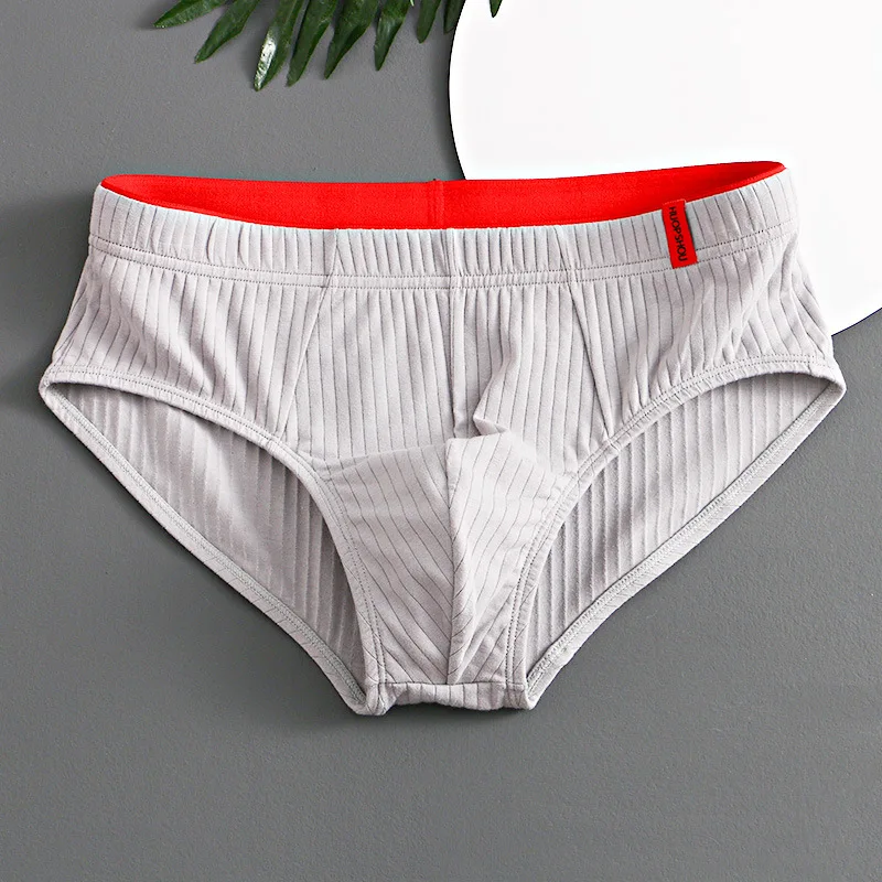 Men's convex bag triangular pants, youth comfortable breathable striped underwear, solid color elastic soft underwear