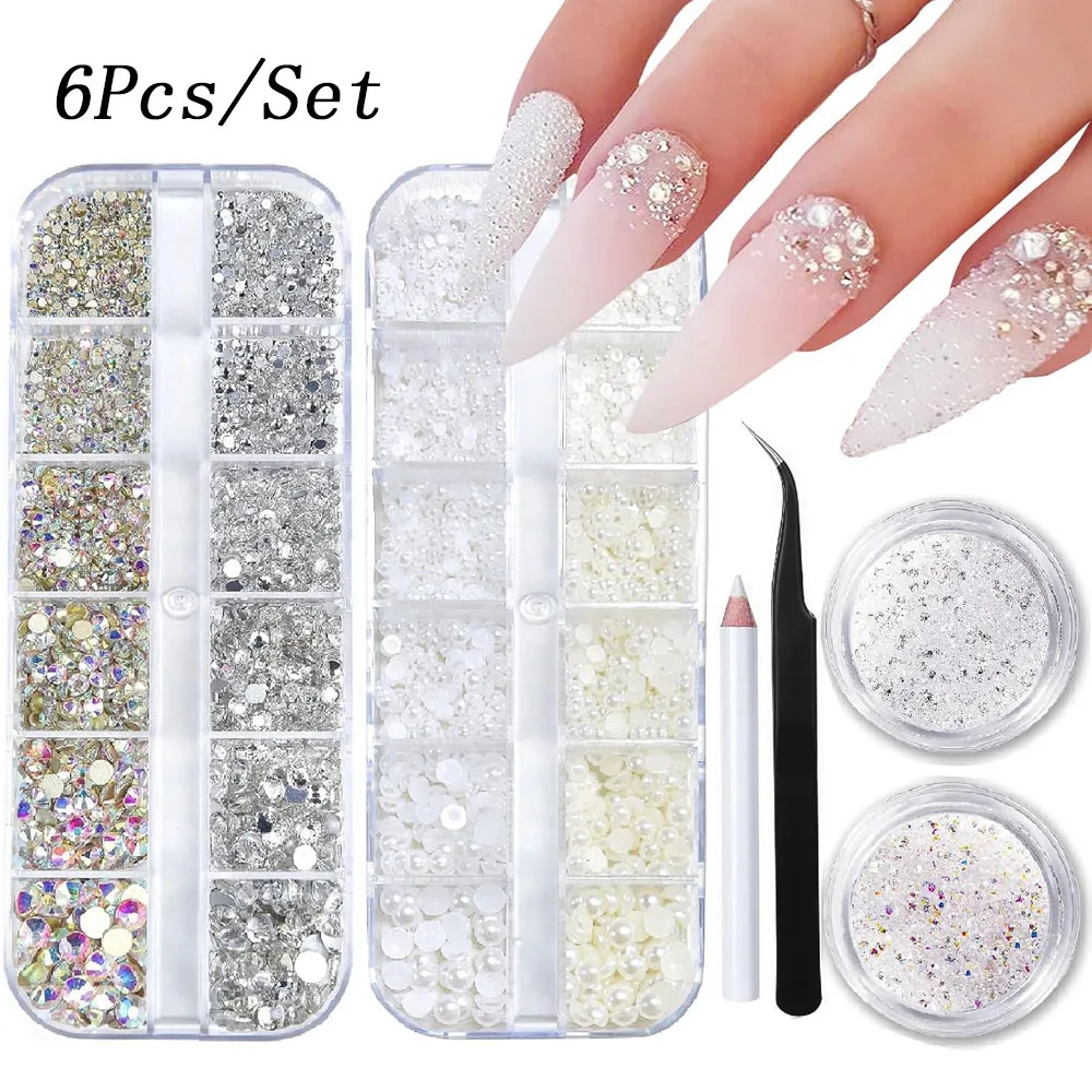 

6Pcs/Set AB Crystal Diamond Nail Rhinestone Pearls - 4Box Multi Shape Jewels Gems Nail Art Charms Kit with Wax Pencil & Tweezers