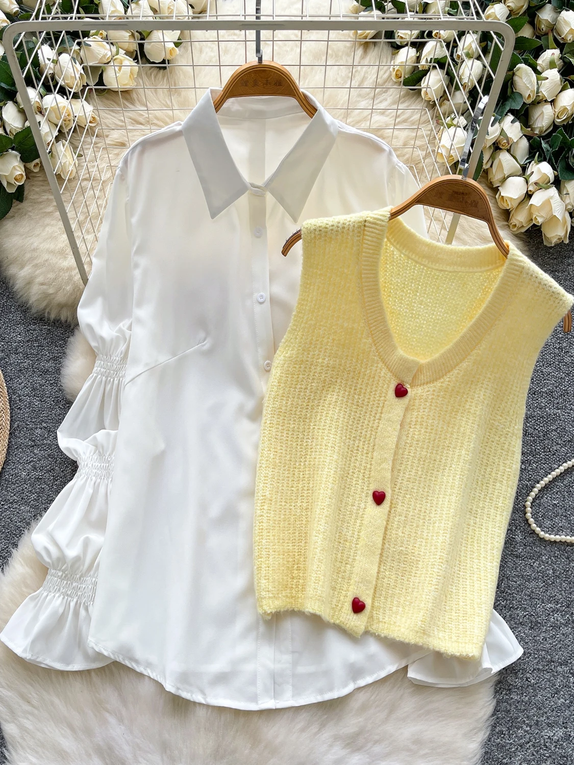 

Women's White Polo-Neck Shirts Outfits Blouses Two-piece Set Vintage Elegant 2000s Long Sleeve Shirt Suit Clothes Spring Autumn