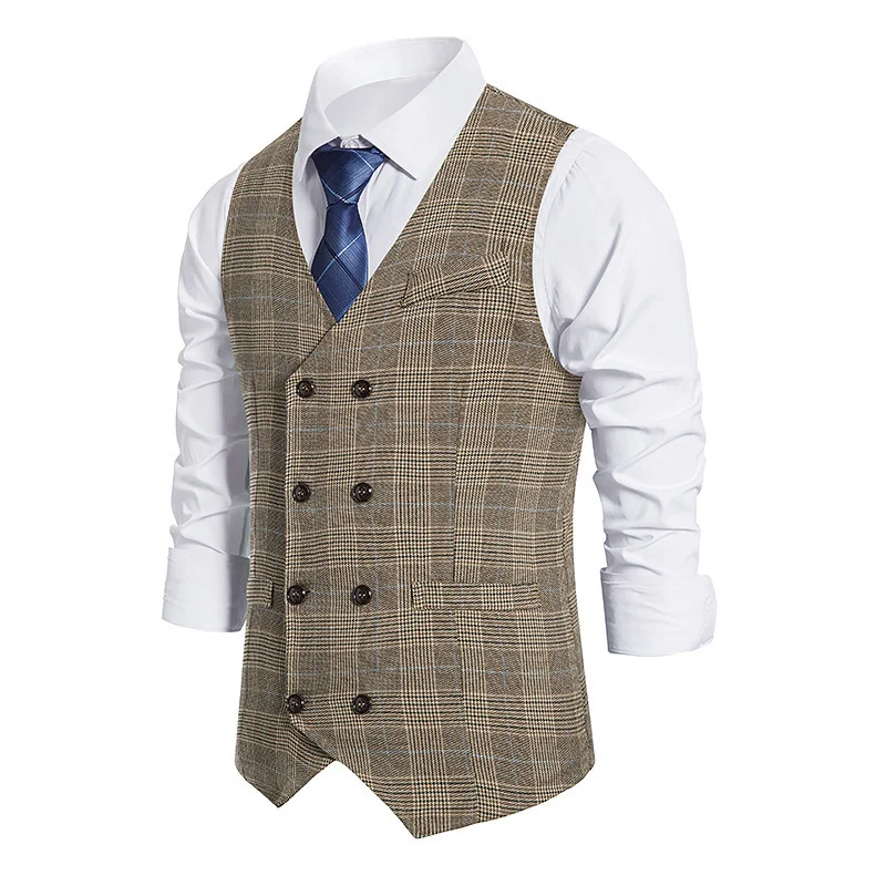 #4829 Grey Khaki Double Breasted Vests Coat Men Regular Fit Business Men\'s Vest Vintage Plaid Sleeveless Blazer Vest Waistcoat