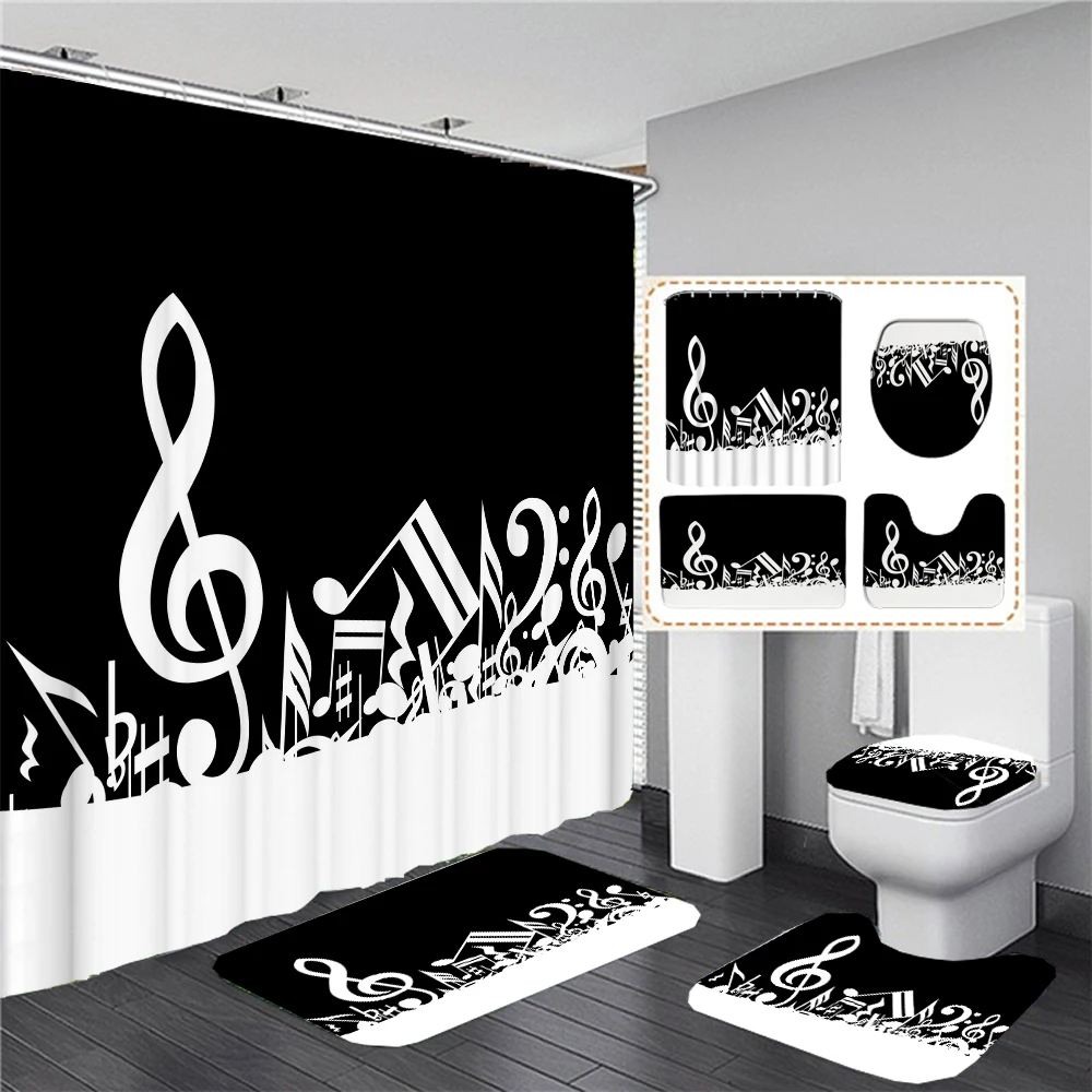 Musical Note Printed Shower Curtain Waterproof Polyester Bathroom Curtains Set Toilet Lid Cover Non-slip Mat Carpet Home Decor