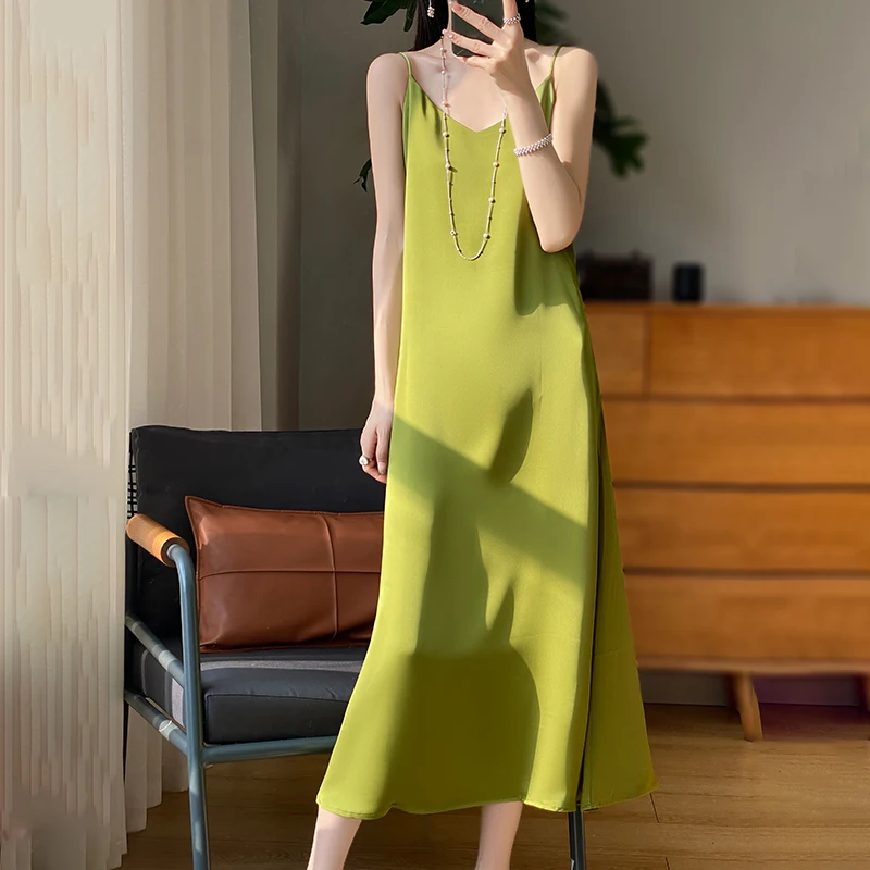 Women's dress summer silk suspender A-line skirt satin and calf long skirt evening dress simple/elegant party V-neck prom dress