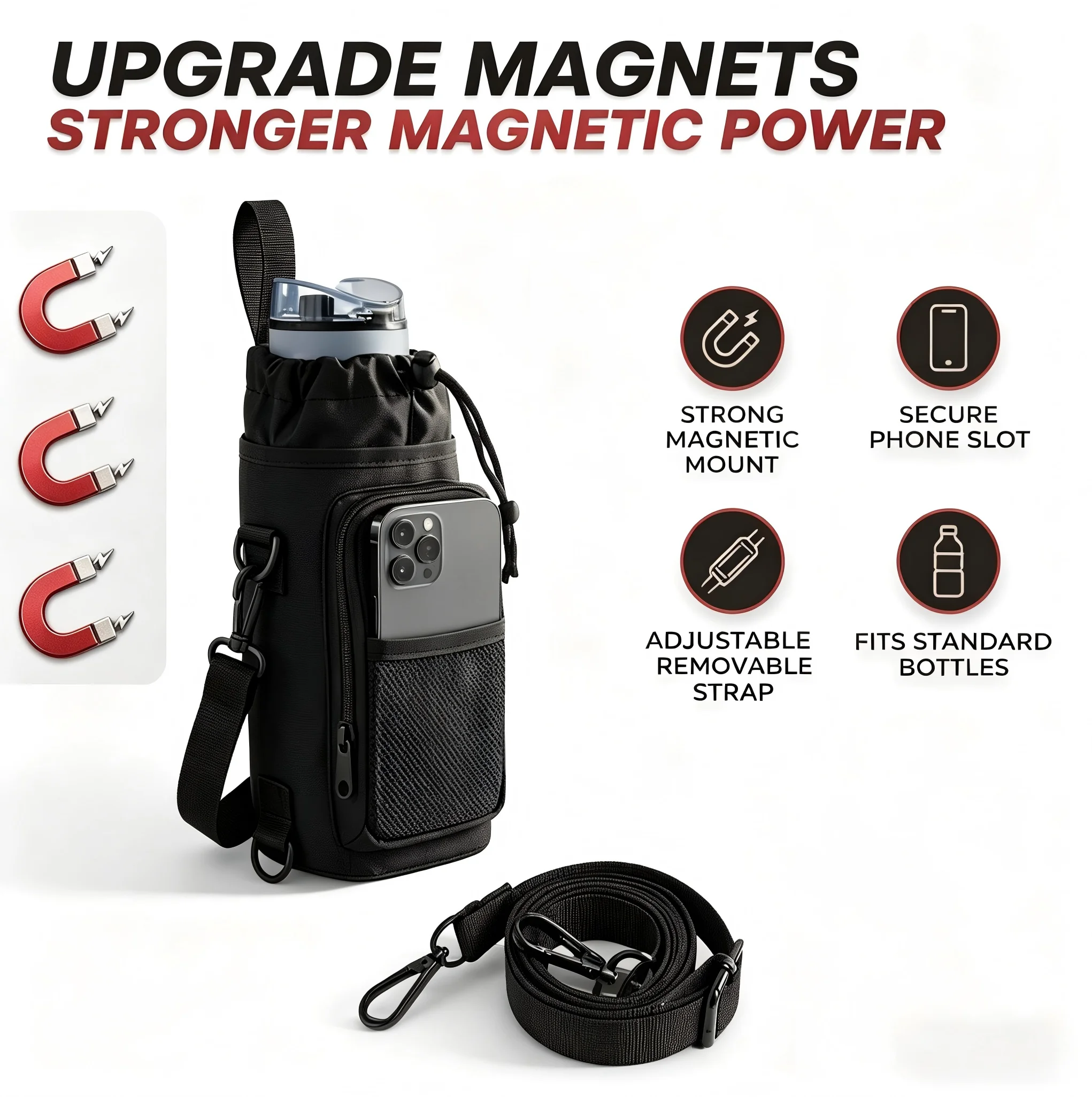 Magnetic Adsorption Water Bottle Holder, Durable Adjustable Strap Gym Outdoor Sling Bag Multi-Pocket Fits 10-46oz Bottles for Me