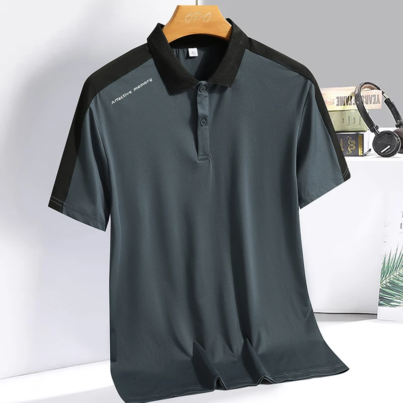 Men\'s Polo collar top with summer ice silk breathable quick drying short sleeved T-shirt patchwork contrasting color polo shirt