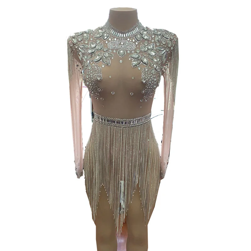 

Women Clothing Hot Sexy Costumes Mesh Bodysuit Sparkly Rhinestones Chains Fringe Club Stage Costume See Through Crystal Jumpsuit