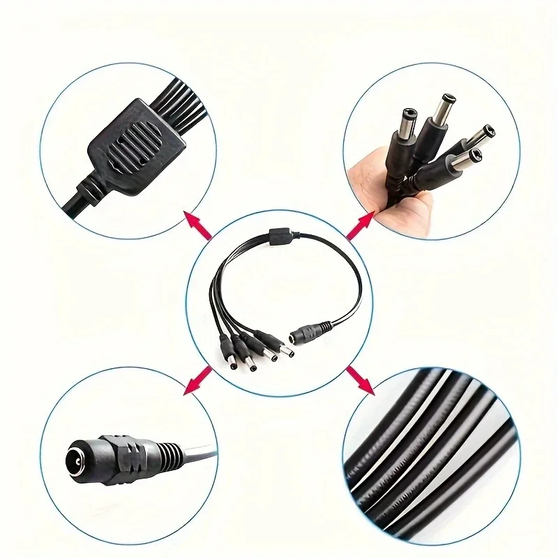 DC Power Splitter Cable 1 Female to 2/4/8 Male Y-Shaped Adapter with 12V Output 5.5mm x 2.1mm Connector for Cameras