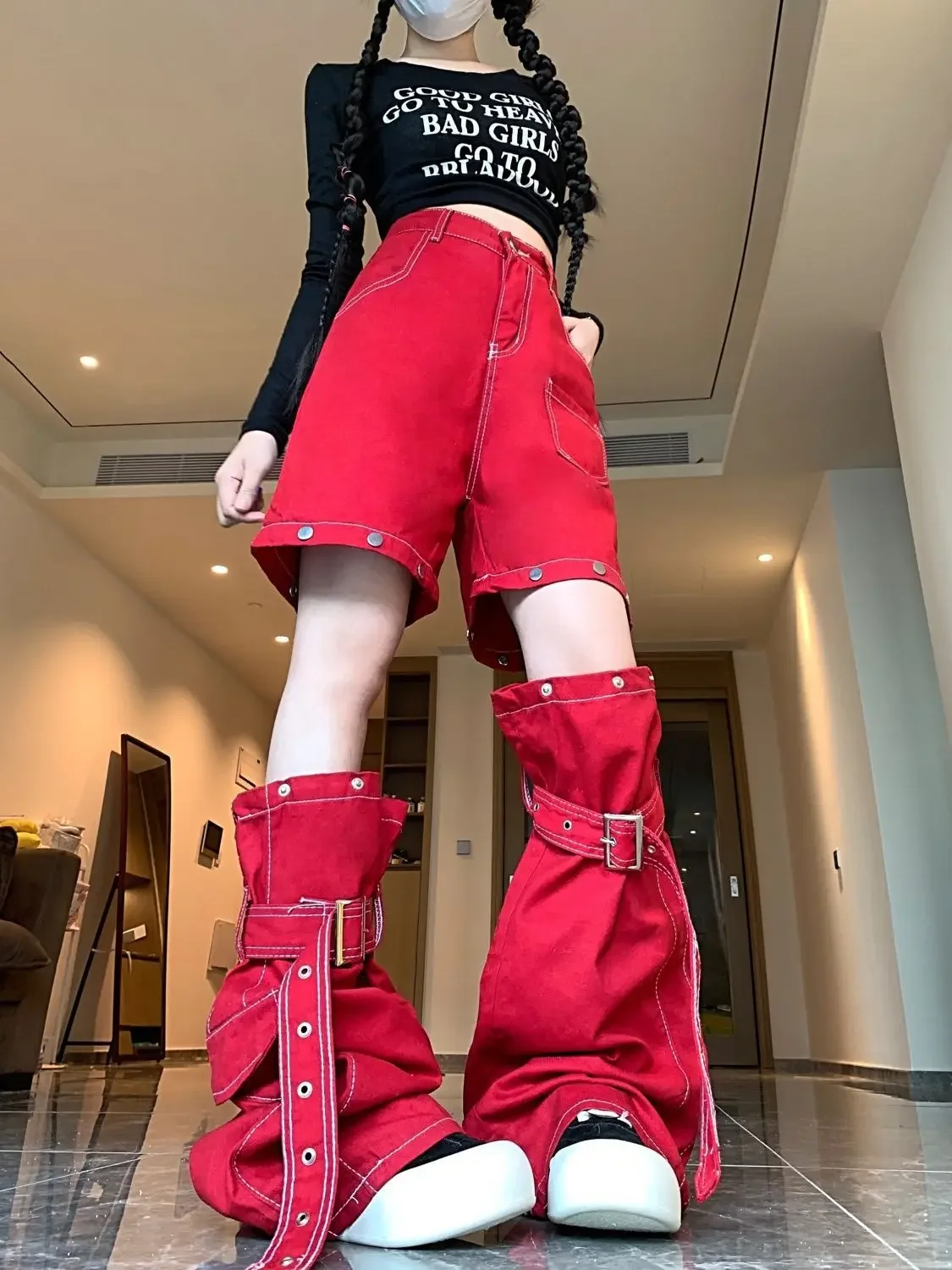 ผู้หญิงสูงเอวVINTAGE Red Cargoกางเกงยีนส์หญิงอเมริกันRetroฤดูร้อนStreetwearขากว้างDENIMกางเกงHip Hopกางเกงตรง