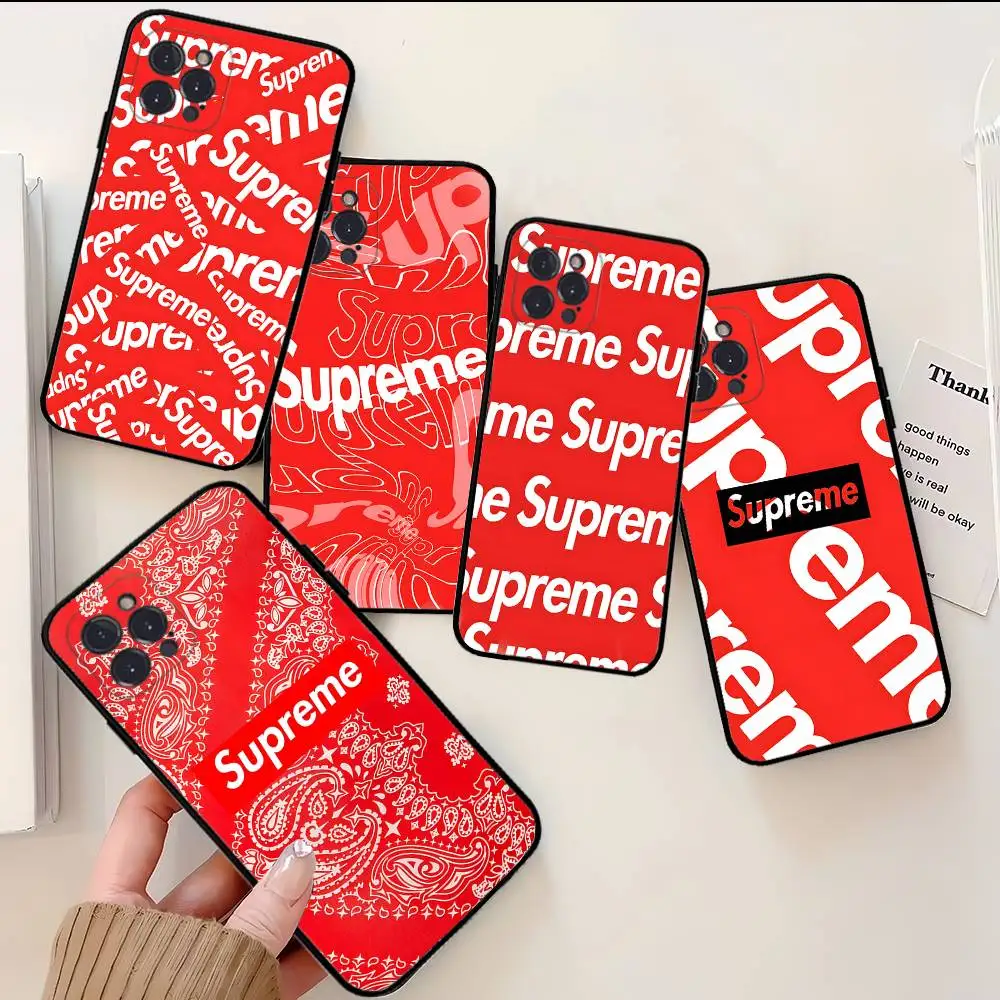 Capa de Telefone Luxuosa S-Supreme com Logo para iPhone 16 Pro Max 15 17 Plus 14 13 12 Mini 11 Capa Preta