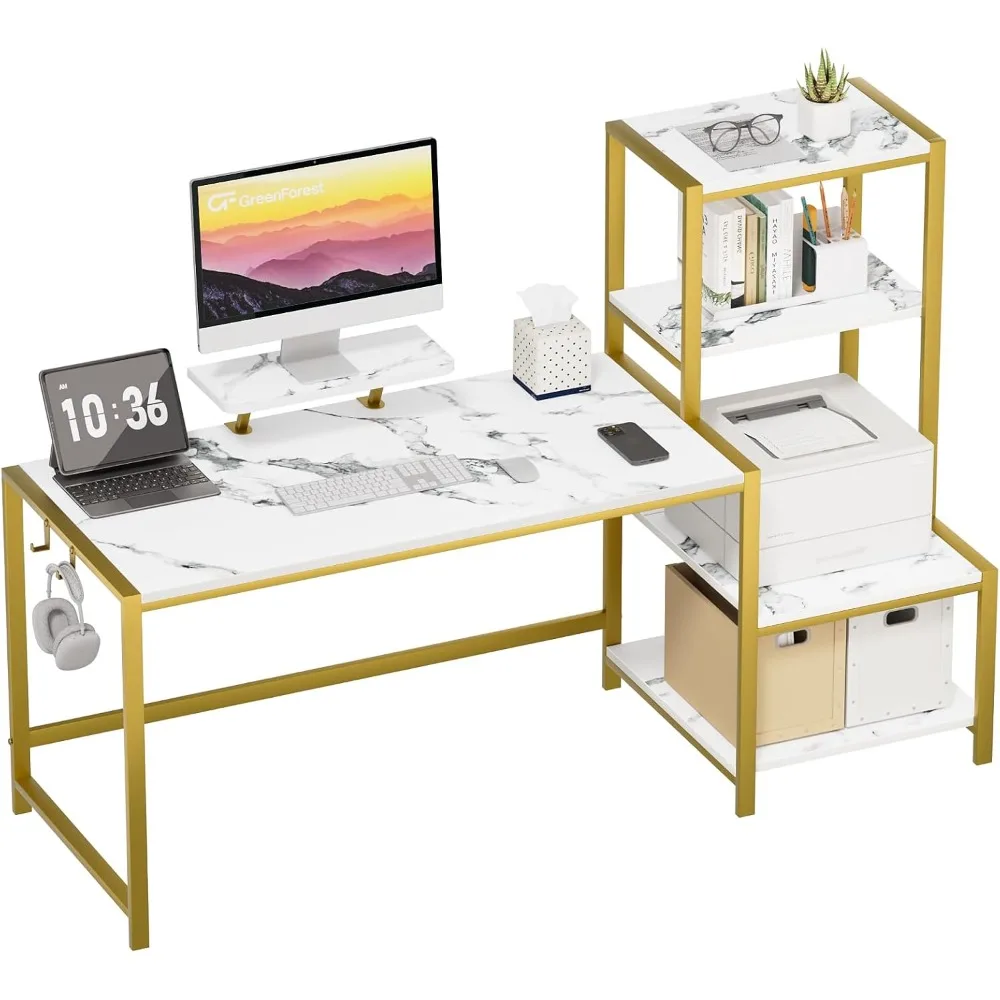 

Computer Desk 67 inch with Printer Shelf, Reversible Office Desk with Monitor Stand and 2 Hooks, Home Workstation for Study Wri