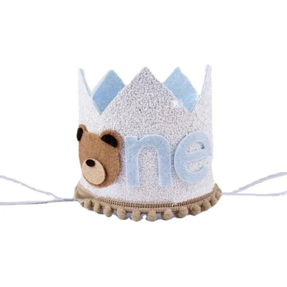 Teddy Bear One Year Felt Crown Birthday Party Hats Cartoon Animal Little Bear Hat Kids Boys Happy 1st Birthday Party Decorations