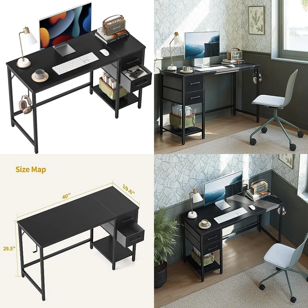 

Computer Desks40 Inch Home Office Desk with 2 Drawers for Study Work Space Black