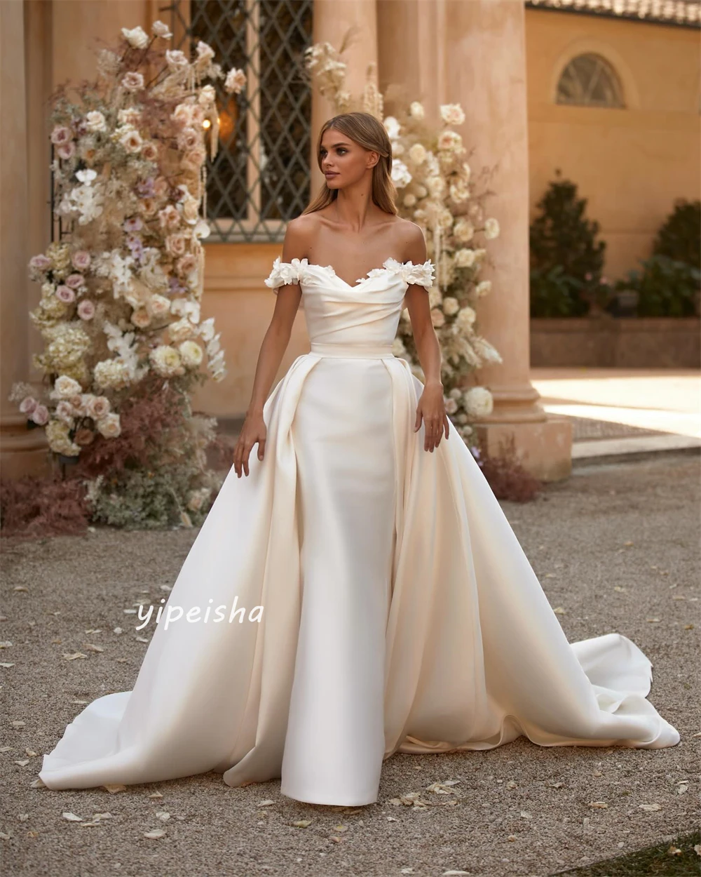 Prom Dress   Satin Flower Ruched Birthday A-line Off-the-shoulder Bespoke Occasion Gown Long es