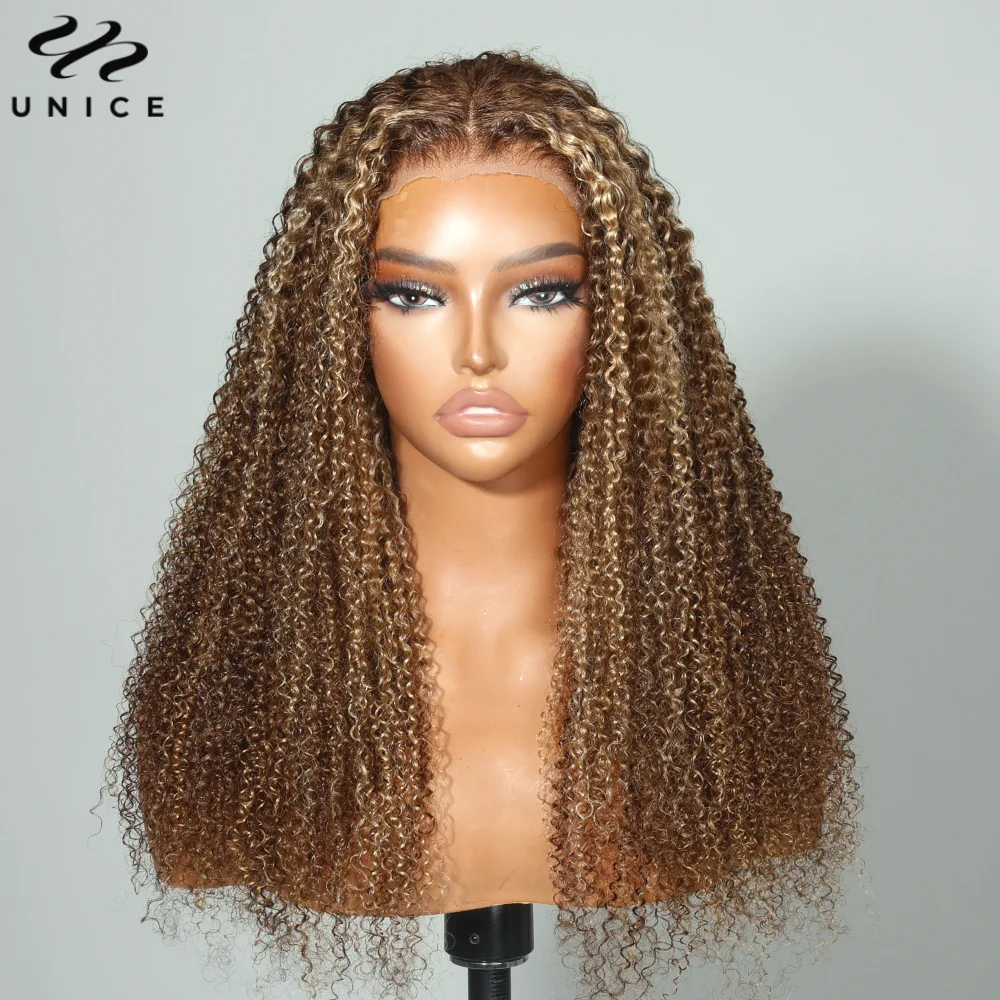 UNice Hair Pre Cut 6x4.75 Wear Go Glueless Wig Human Hair Brown Blonde Highlight Kinky Curly Lace Closure Wig 150% Density