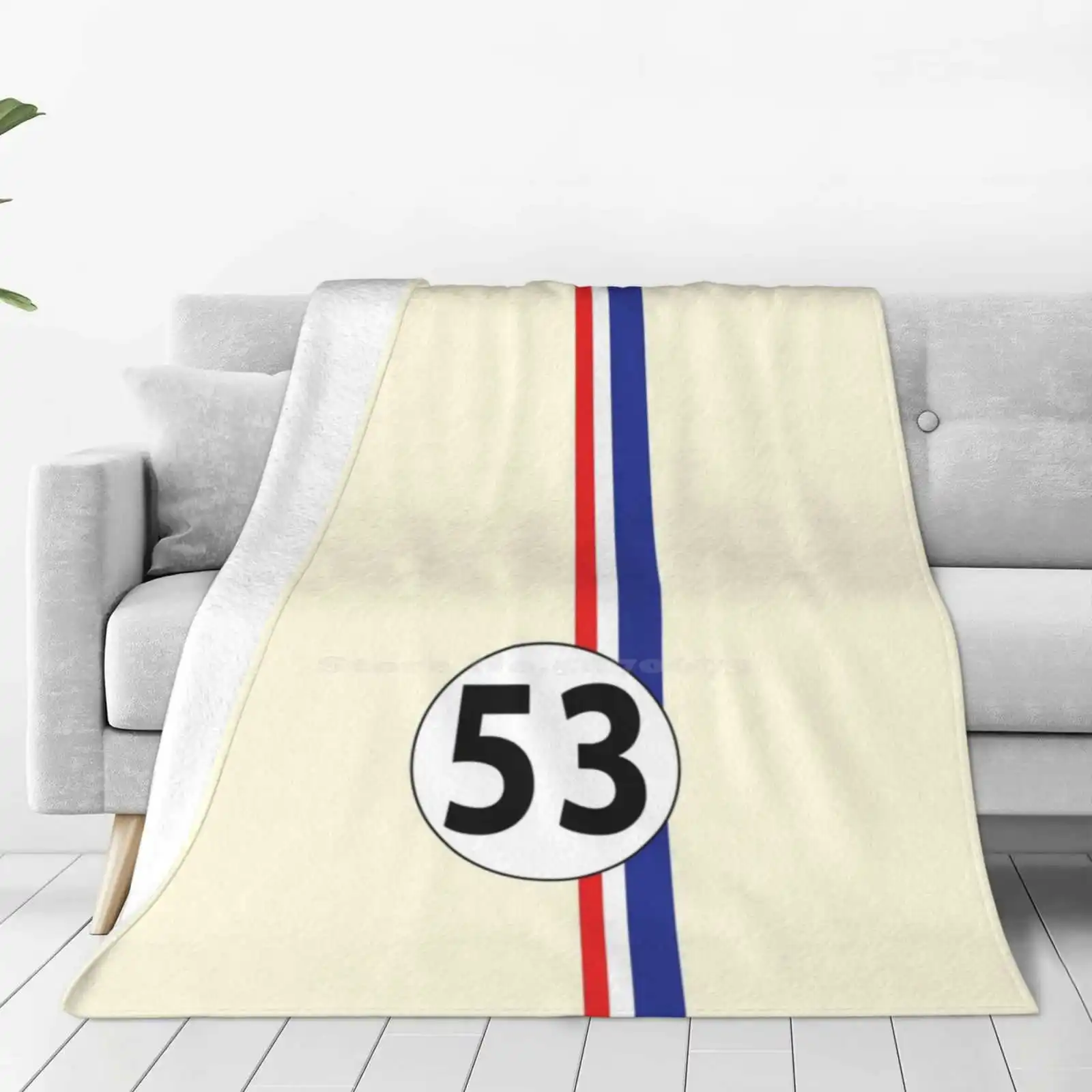 Herbie , Number 53 Fashion Soft Warm Throw Blanket Race Car 53 Red Stripe Blue Stripe Herbie Love Bug Racing Stripes Racing