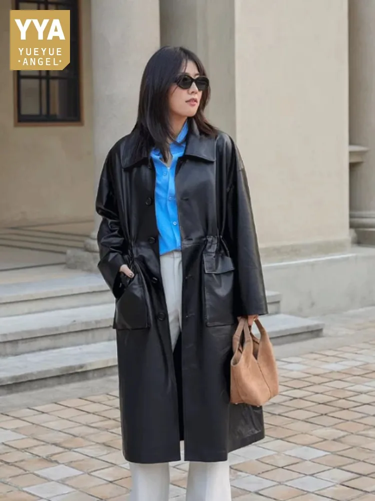 Spring Autumn Women Genuine Leather Trench Coat Loose Fit High Street New Casual Single Breasted Long Jacket Sheepskin Outerwaer