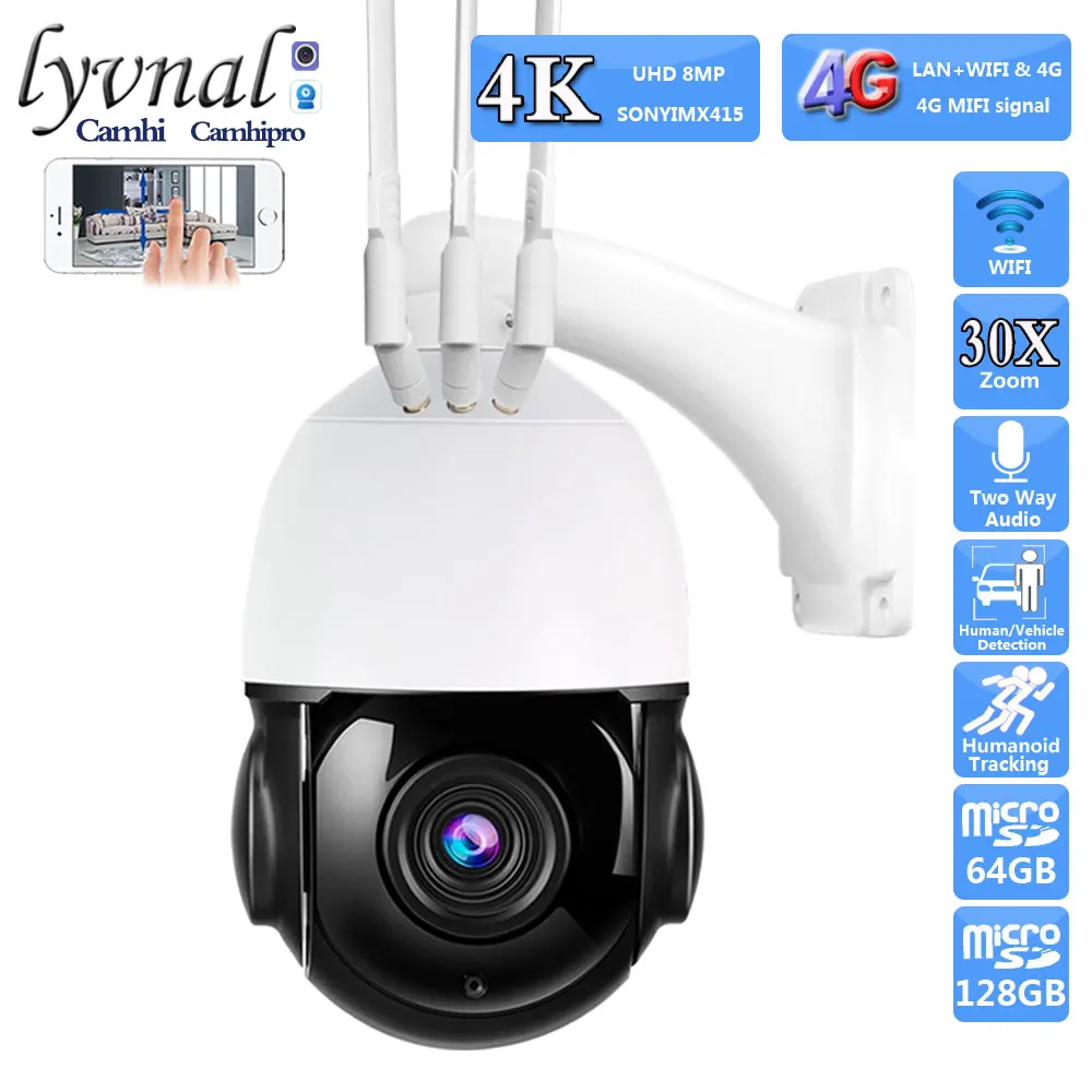 3G 4G SIM Card UHD 4K 8MP Sony415 Wireless IP Camera Wifi PTZ Dome 30X Auto Zoom Human Tracking Waterproof Two Way Audio IR 80M