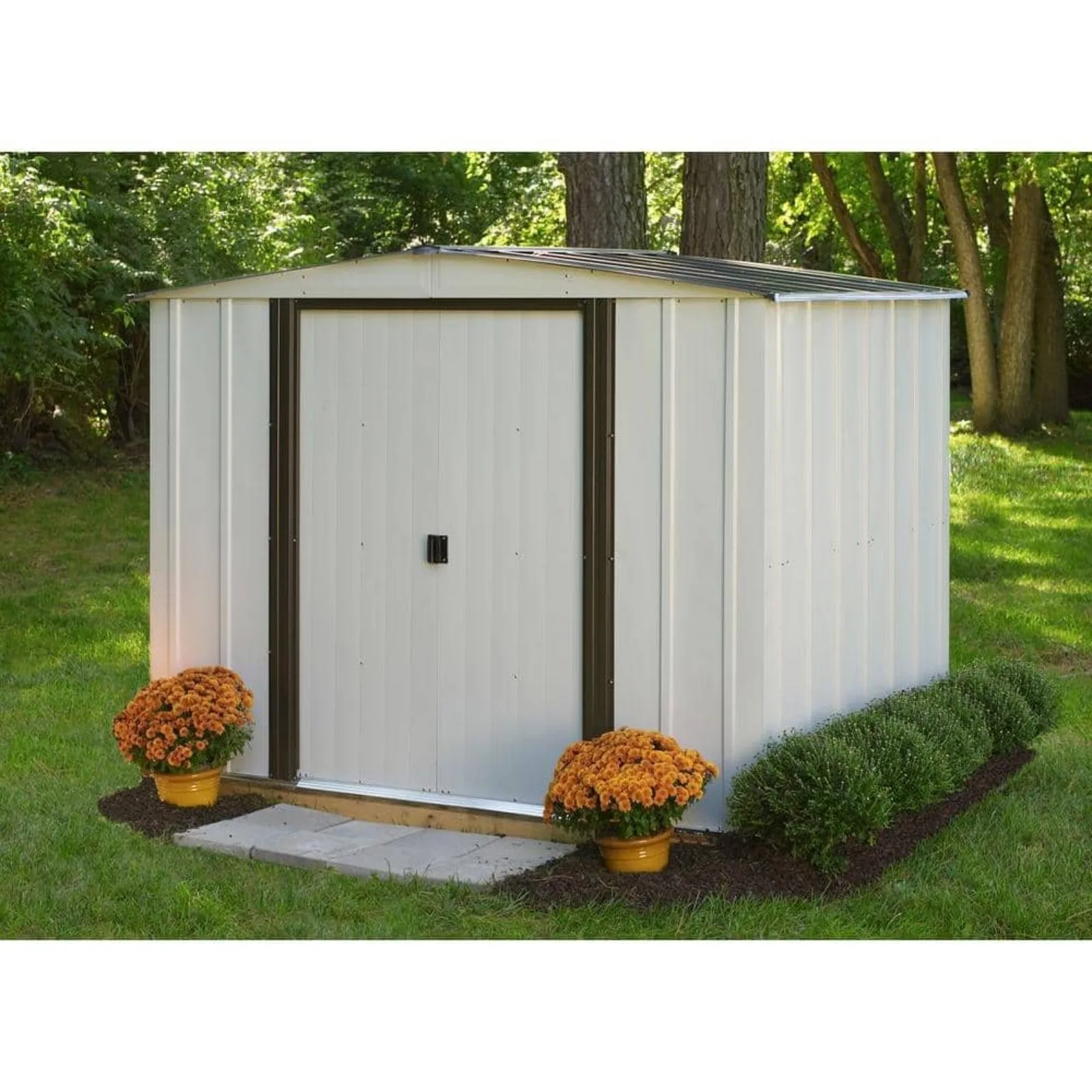 US 8 ft. W x 6 ft. D 2-Tone Eggshell and Coffee Galvanized Metal Shed with Sliding Lockable Doors (43 sq. ft.)