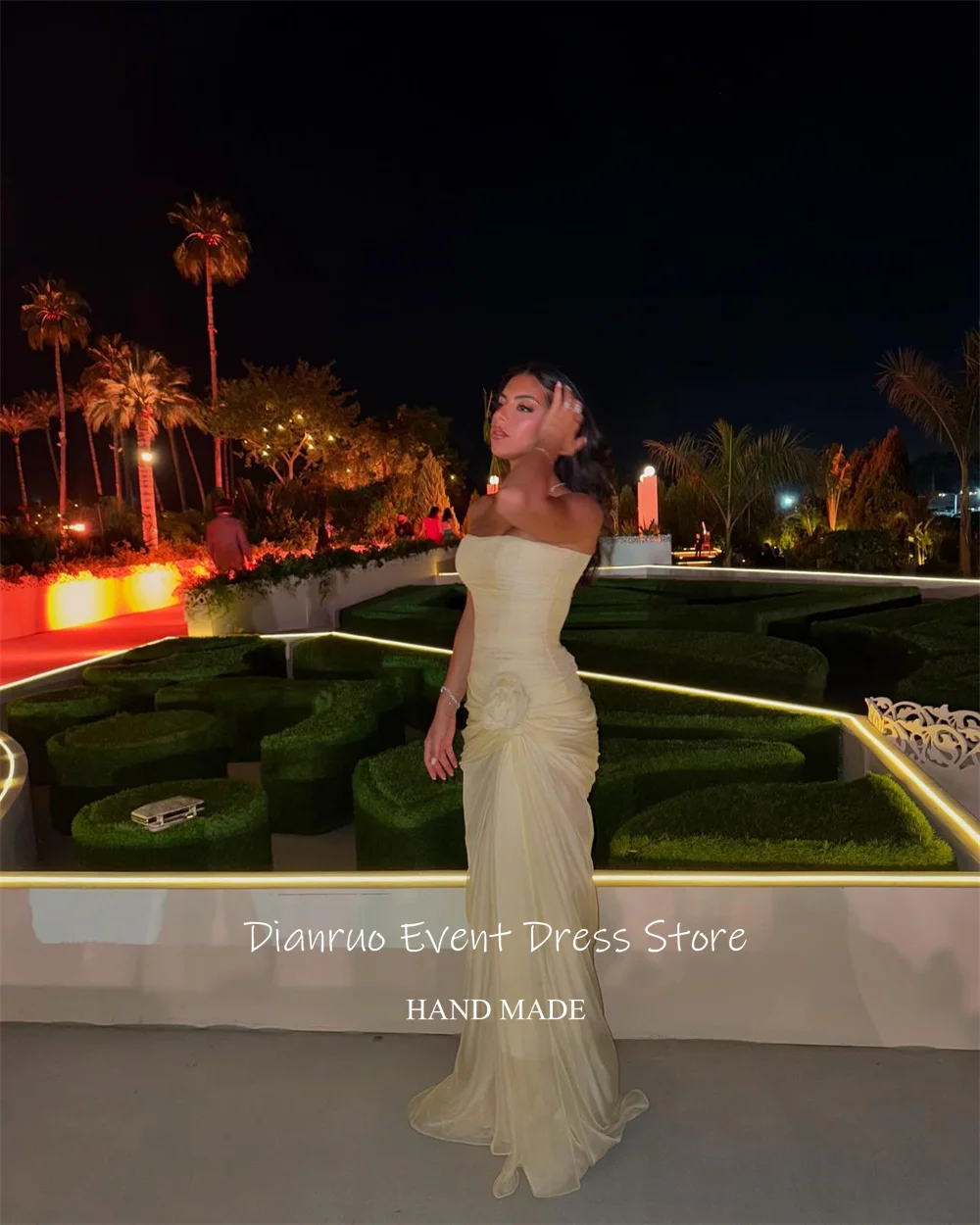 Dianruo Abito da sera increspato senza spalline Lunghezza pavimento Sirena Abiti da festa Chiffon pieghettato Chic Robes De Soirée Personalizzato