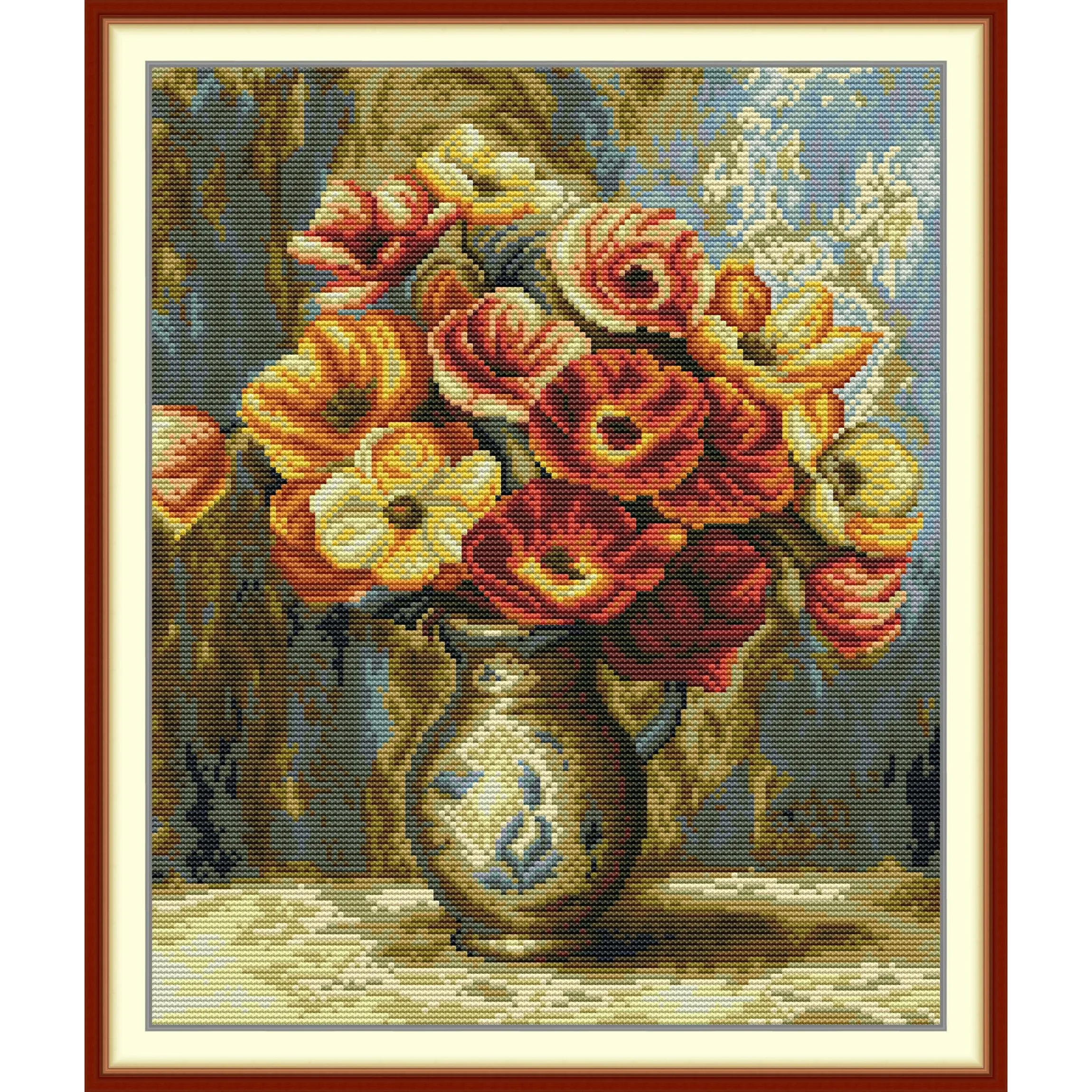 

Soulgift News Pre-Printed Cross Stitch Kit, Stamped Aida Fabric with DMC Threads, Embroidery Kit - A Bouquet of Silver Lilies