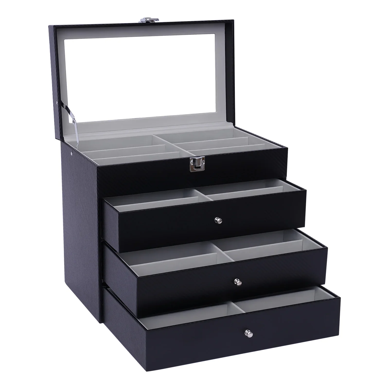 Large Capacity Sunglasses Box – 4-Tier Glasses Storage Organizer with 24 Compartments and Full Pull-out Drawers