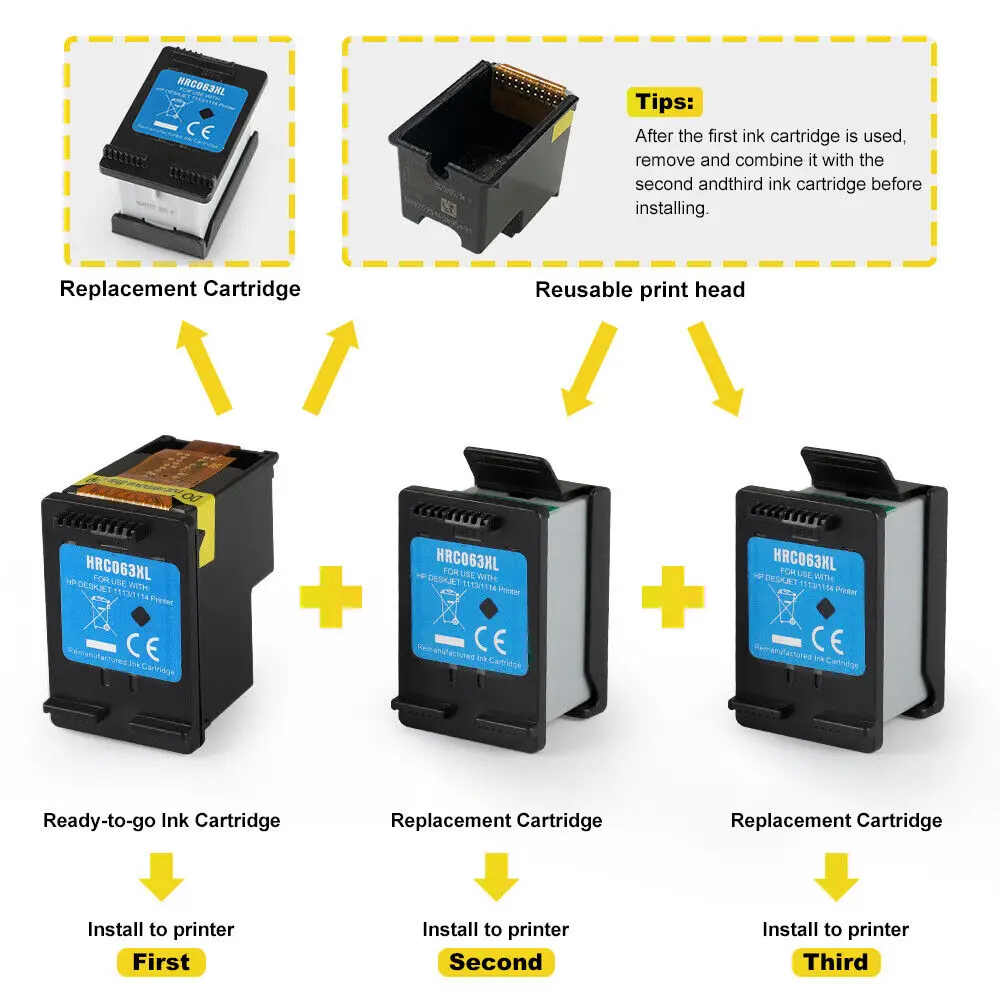 Cartucho de tinta remanufaturado para HP Deskjet, 3630 3632 1112 2132 4655, 63XL