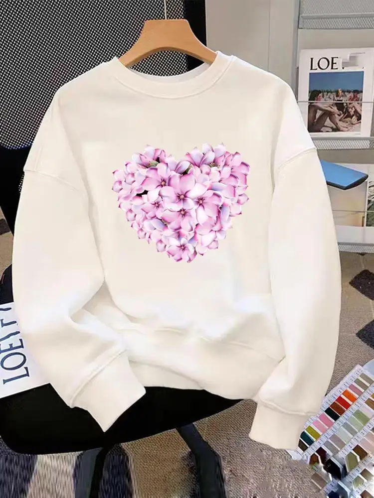 

Clothing Female Long Sleeve O-neck Fleece Print Pullovers Flower Love Heart Trend Cute 90s Fashion Women Graphic Sweatshirts