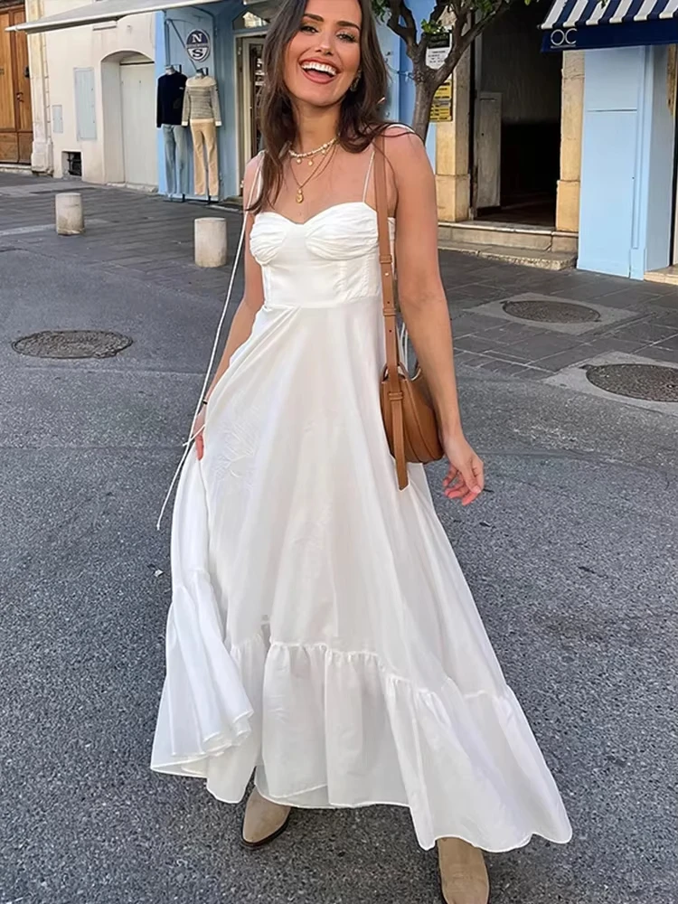 

HTTEM White Cotton Linen Strap Dress Women Sexy Sleeveless Backless Loose High Waist Long Dresses 2024 Summer Beach Lady Robe