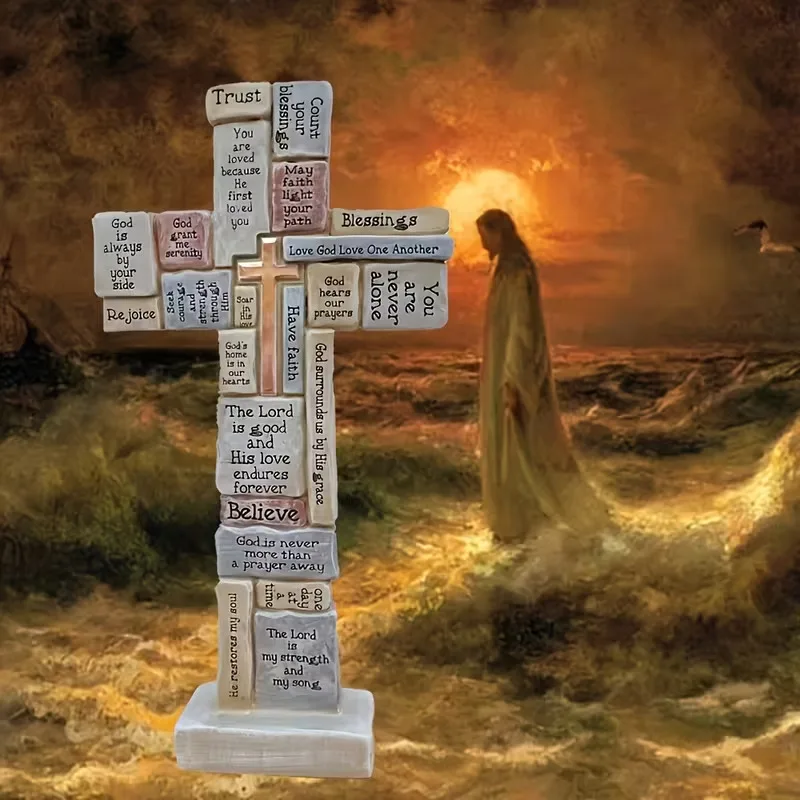 

Durable Christian Cross Statue Handmade Resin Craft Cross Prayer Sculpture Funny Cross Desktop Ornament Home Indoor Scene Garden