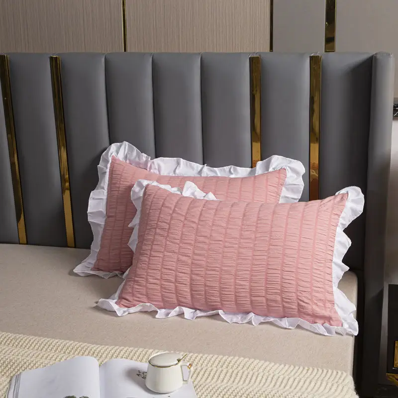 

2pcs Princess Style Solid Color Bedding Pillowcase with Lace Ruffles Women Girls Home Bedroom Decorative Pillow Cover 48x74cm