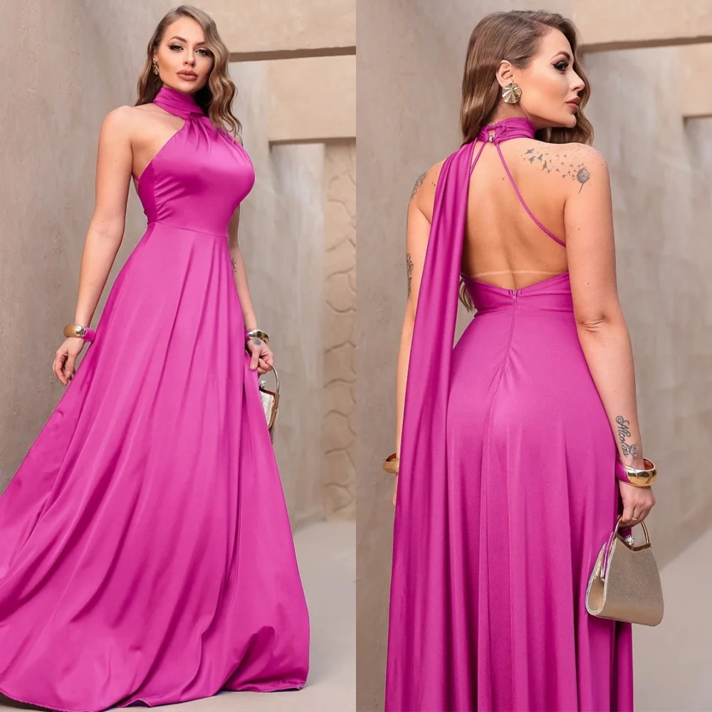Customized Simple Satin Evening Dress Exquisite Halter Sleeveless Prom Dresses Luxury Backless Open Back Vestido De Festa