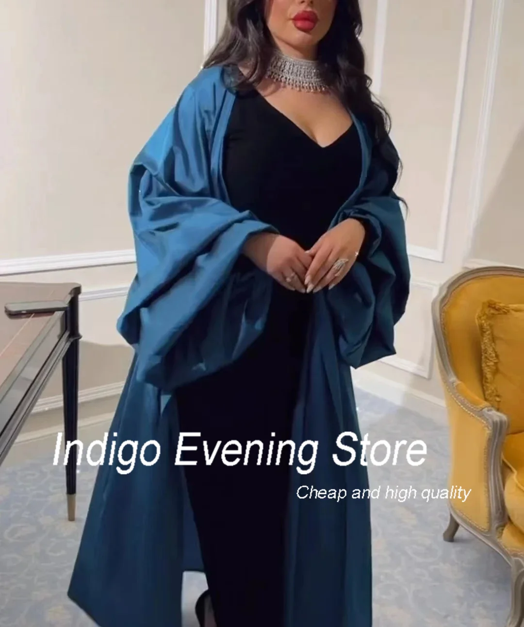 Indigo-vestidos de noche con abrigo para mujer, vestido de fiesta Formal hasta el tobillo con cuello en V, 2024