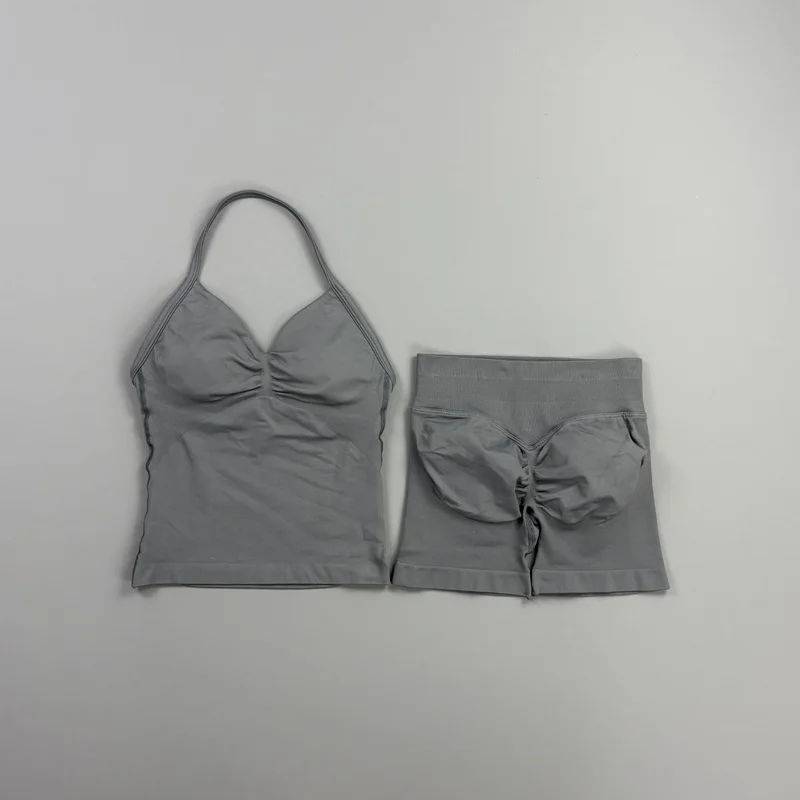 2-teiliges HISTELLO Impact Set für Damen, GYM Longline Strappy Top, nahtloses Yoga-Set, Scrunch Butt Sportshorts, Workout-Fitness-Anzug – Detail 24