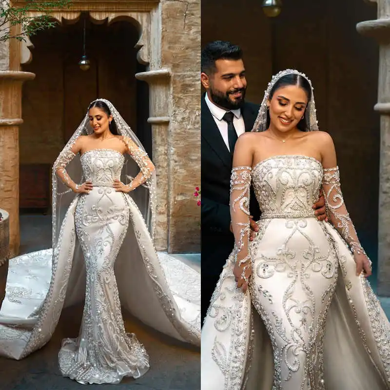

Sexy Strapless Lace Wedding Dress Customized Elegant Appliques Lace Mermaid Bride Dresses DetachableTrain Bridal Gown