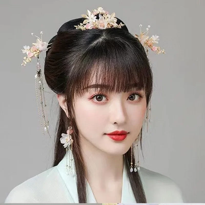 الصينية Hanfu الشعر عصا دبوس الشعر أقراط إكسسوارات الشعر مجموعة طويلة مهدب خمر دبوس الشعر زهرة اليدوية الزفاف الشعر مجوهرات