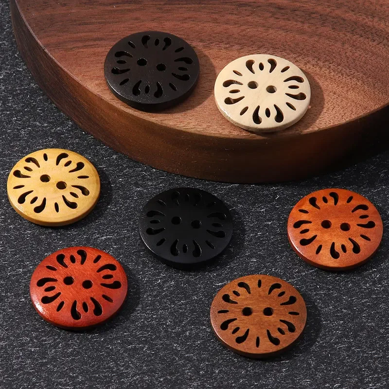 20pcs Carved Wooden Buttons Hollow Flower Round Wood Buttons for DIY Sewing, Clothing Decoration, Sweaters, Craft Accessories