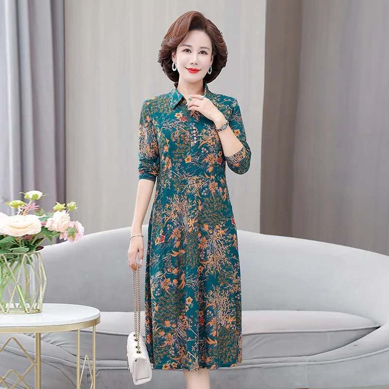 Middle Aged Women Vintage Floral Print Elegant Slim Three Quarter Sleeve /Long Sleeve Shirt Midi Dress Spring Casual Dresses