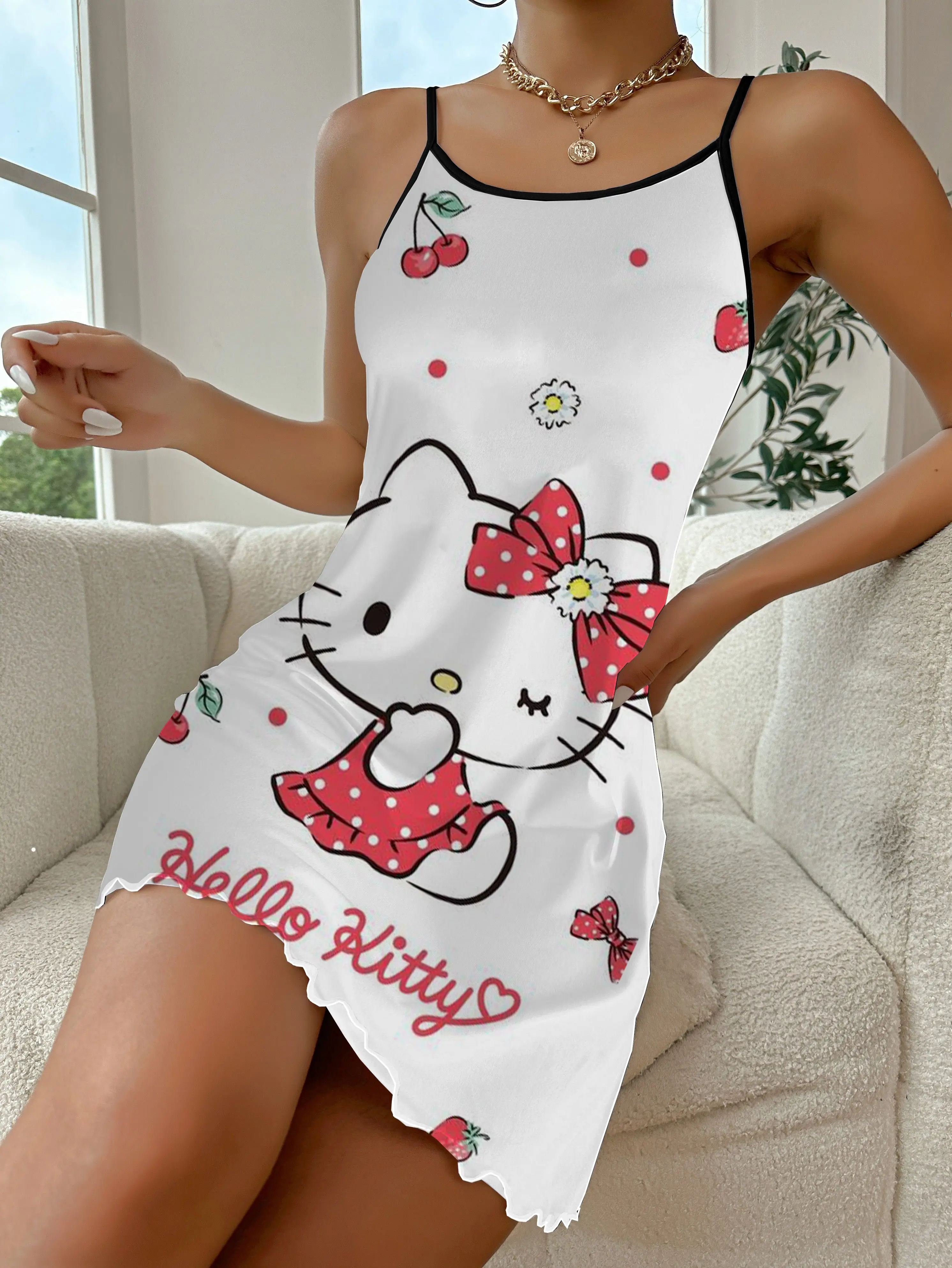 Mini Dress Elegant Dresses for Women Satin Surface Pajama Skirt Lettuce Trim Hello Kitty Crew Neck Fashion Summer 2024 Chic Sexy