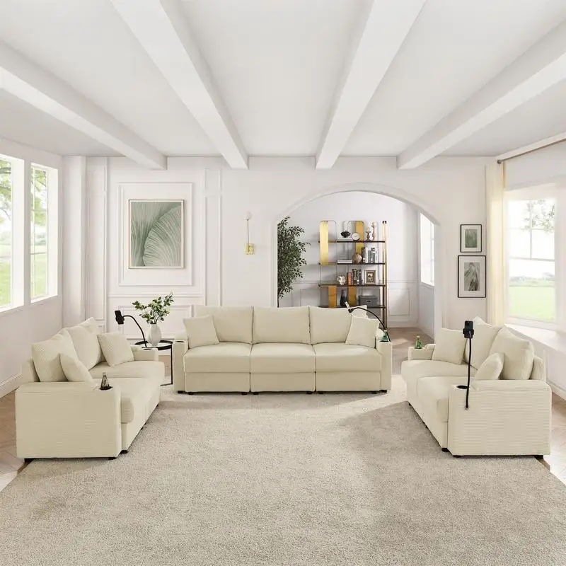 

Современный 7-местный диван с местом для хранения вещей, глубокий диван с чашками и держателями для телефона, бежевый вельвет для предметов первой необходимости в гостиной