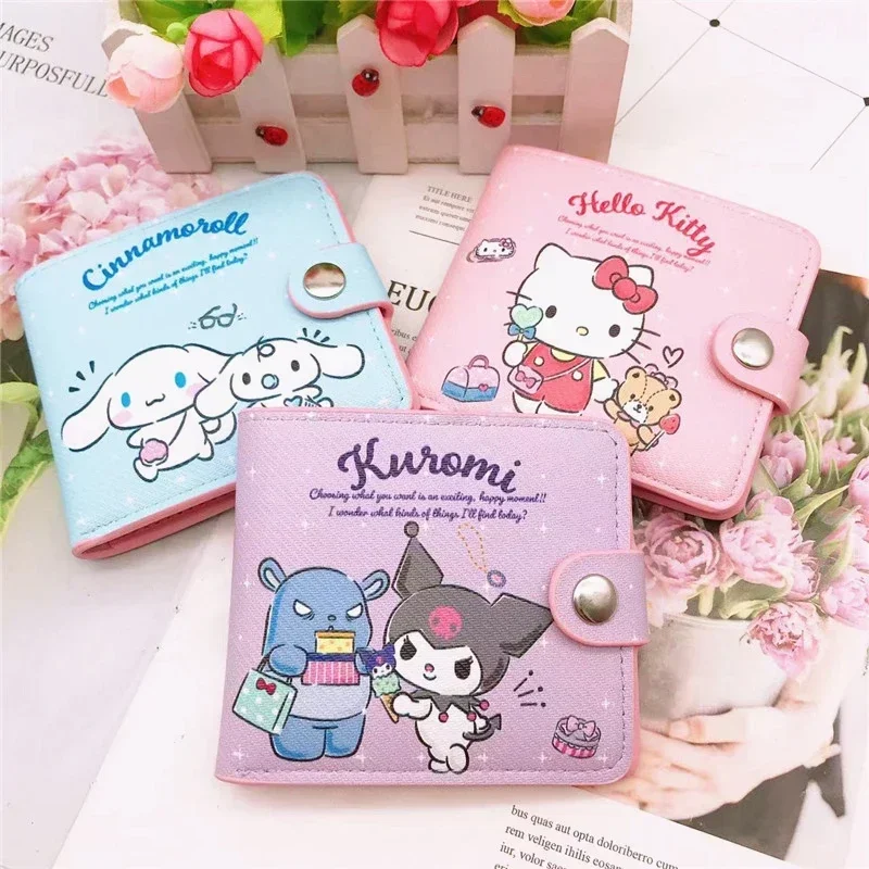 MINISO Disney Cute Anime Small Short Wallet for Girls Women Kuromi Cinnamoroll Kawaii Coin Purse with Buttons Folding Wallets