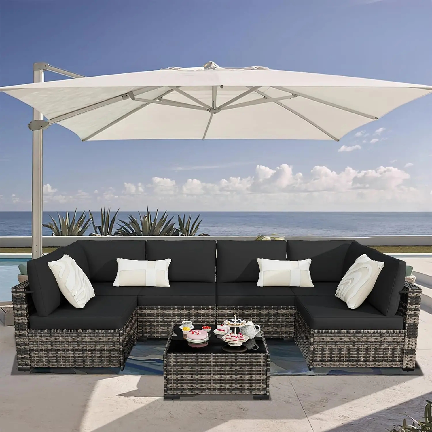 Conjunto de Muebles de Patio de 7 Piezas, Sofá Seccional de Mimbre Sintético Resistente a la Intemperie, Conjunto de Conversación Modular de Mimbre, Personalizable