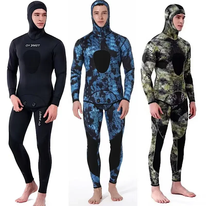 NEW 5mm Camouflage Wetsuit Long Sleeve Fission Hooded 2 Pieces Of Neoprene Submersible  For Men Keep Warm Waterproof Diving Suit