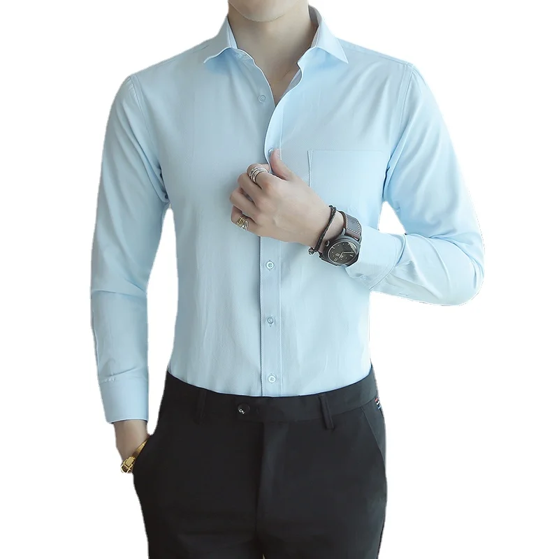 Camisa de manga larga de sarga azul cielo para hombre, Camisa de algodón con cuello cuadrado de una sola botonadura, Tops de talla grande para hombre, Camisa de otoño