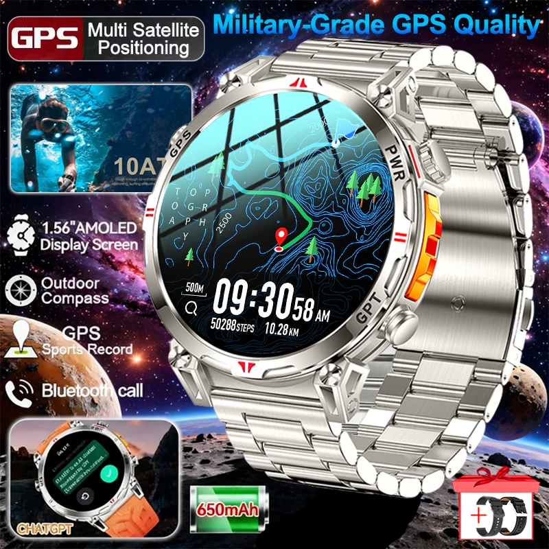 

2025 New Outdoor GPS Smart Watch AMOLED HD Screen 650mAh Compass Bluetooth Talk Health Monitor Smart Watch Men 10ATM Waterproof