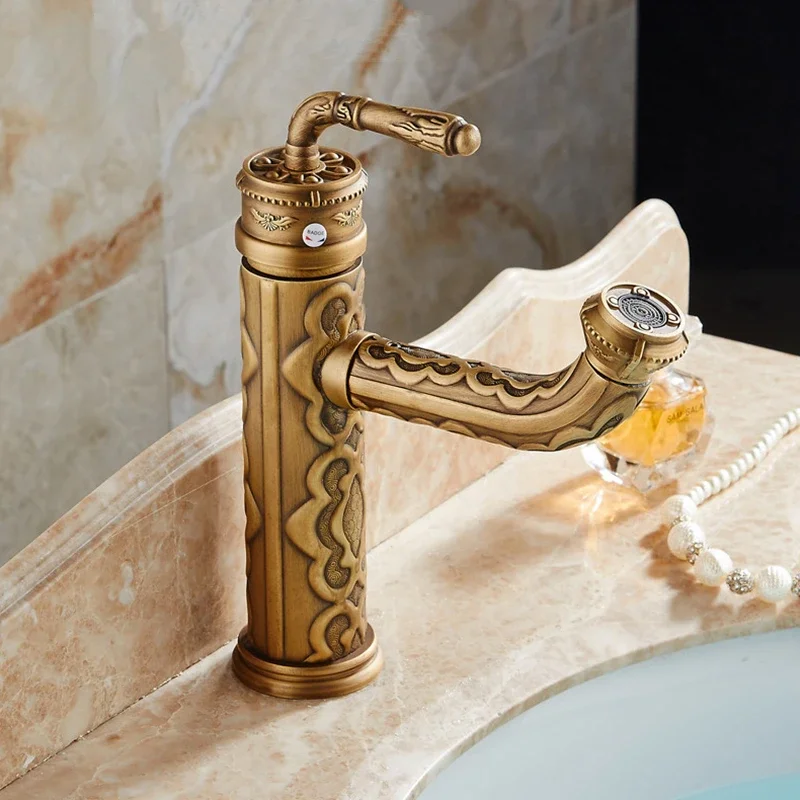 Imagem -05 - Solid Brass Vintage Antique Banheiro Torneira Single Handle 360 Degree Swivel Spout Torneira Misturadora de Água Quente e Fria