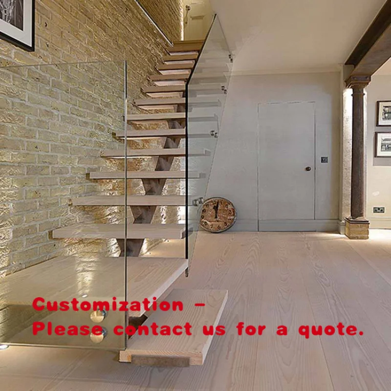 custom.Straight Stair Cantilever Staircase With Glass Panel Railing Solid Wood Steps Design Floating Stairway LED Stair