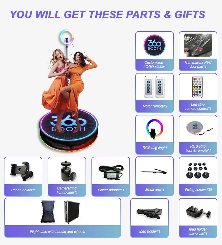 New Arrival 100CM Tempered Glass Base 360 Photo Booth Indoor /Outdoor Entertainment Equiment Wedding Events Rotating Machine