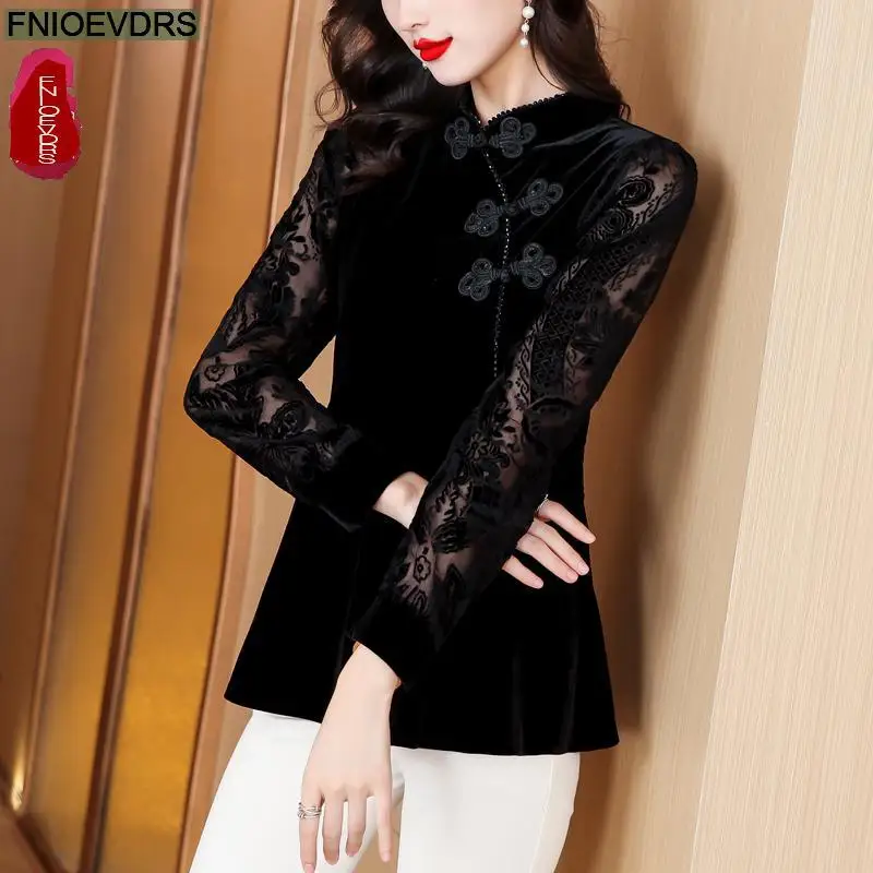 S-3XL Black Velvet Top Women Autumn Winter French Design Elegant Office Lady Work Button Shirt Casual Slim Retro Peplum Blouses