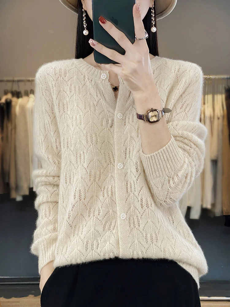 2024 Spring Autumn Women Cardigan Knitwear 100% Merino Wool Tops O-neck Long Sleeve Women Sweater Korean Popular Clothing Tops