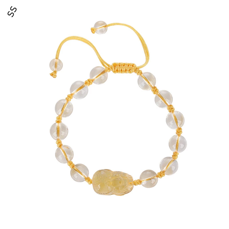 Natural Yellow Crystal Pixiu Bracelet Female Beaded Simple Fashion Jewelry Hand Braided Rope Adjusted Length Around 15-20cm